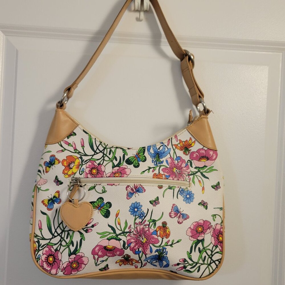 Vintage Shoulder Purse with Floral and Butterfly Pattern and Heart Tag